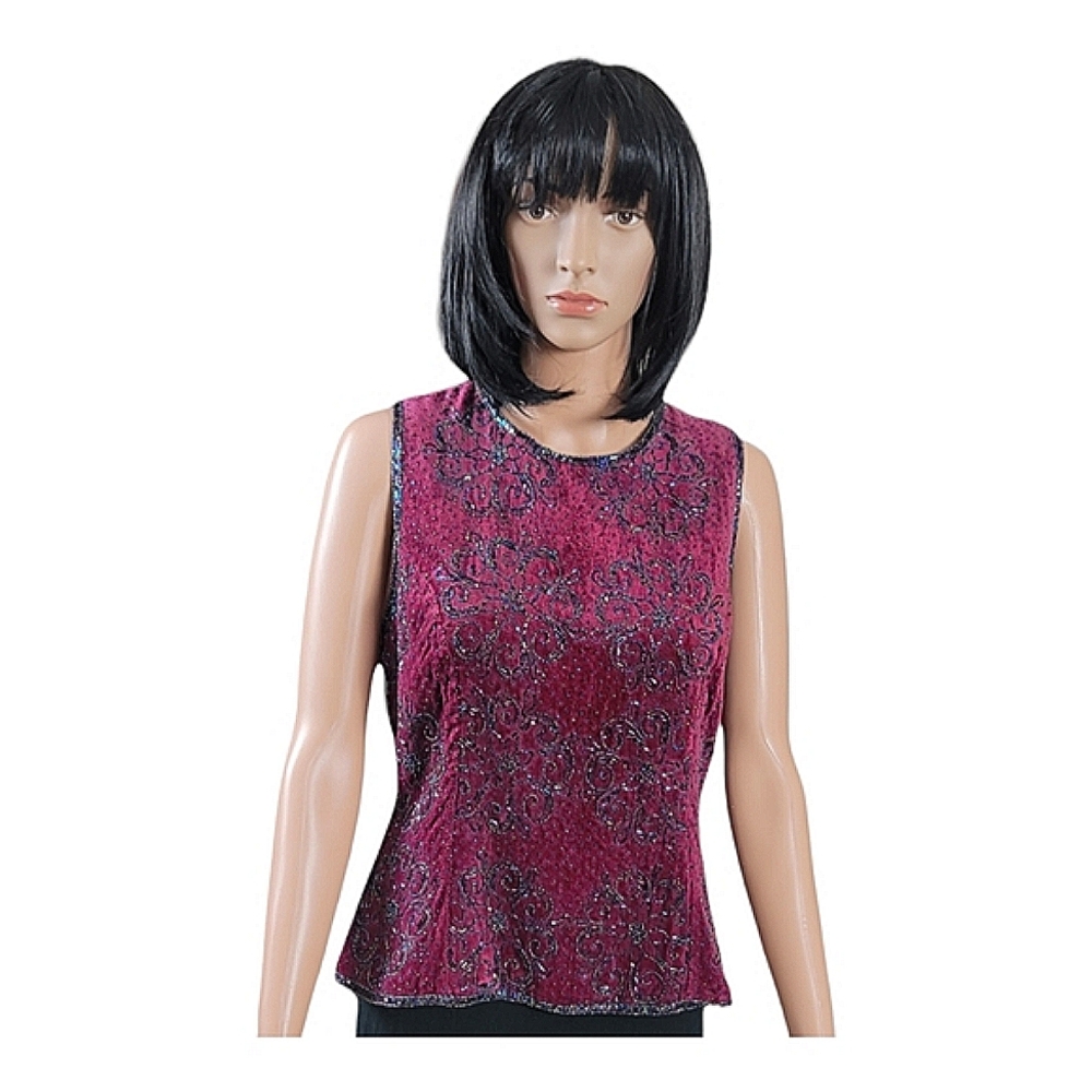 Paradise NY Vintage size L Top with iridescent beads on rich burgundy velvet.
